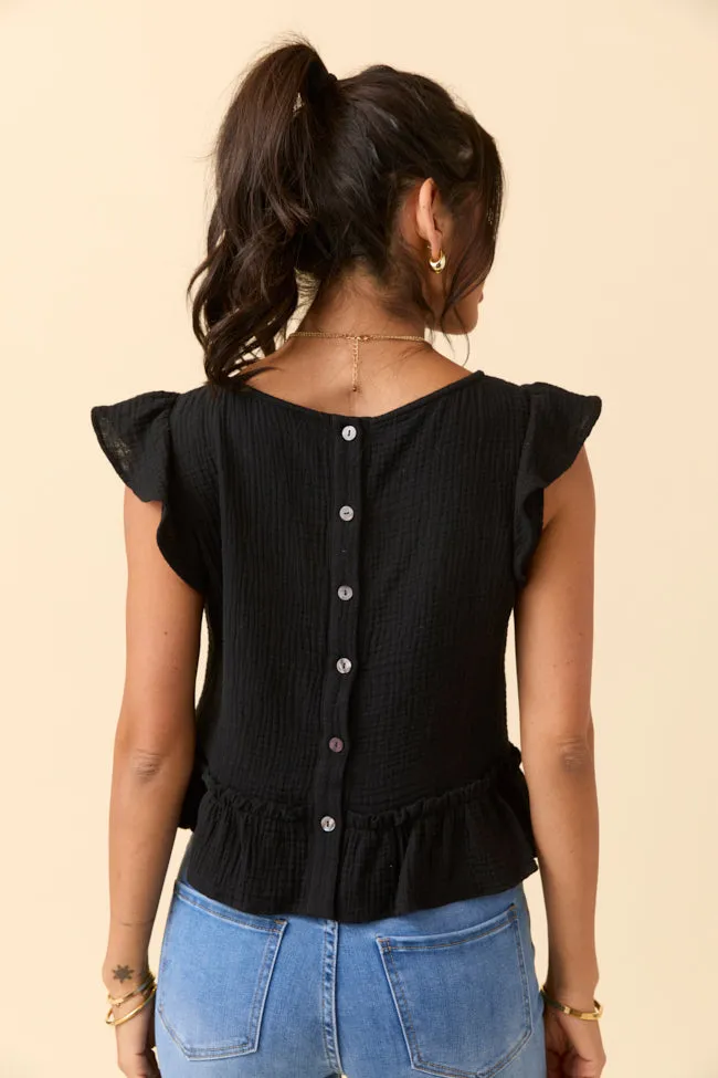 Light Layer Ruby Black Gauze Flutter Button Back Woven Blouse