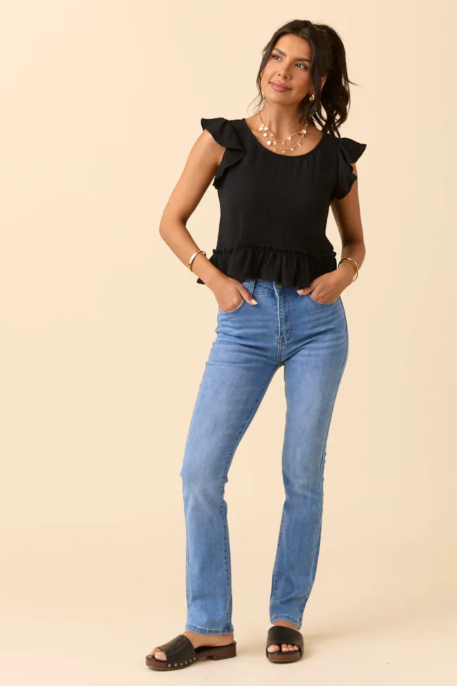 Practical Shorts Ruby Black Gauze Flutter Button Back Woven Blouse