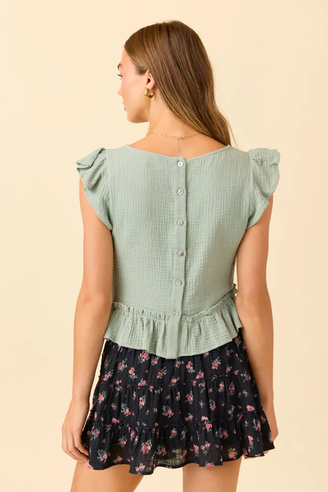 Chic Accessory Ruby Seafoam Green Gauze Flutter Button Back Woven Blouse