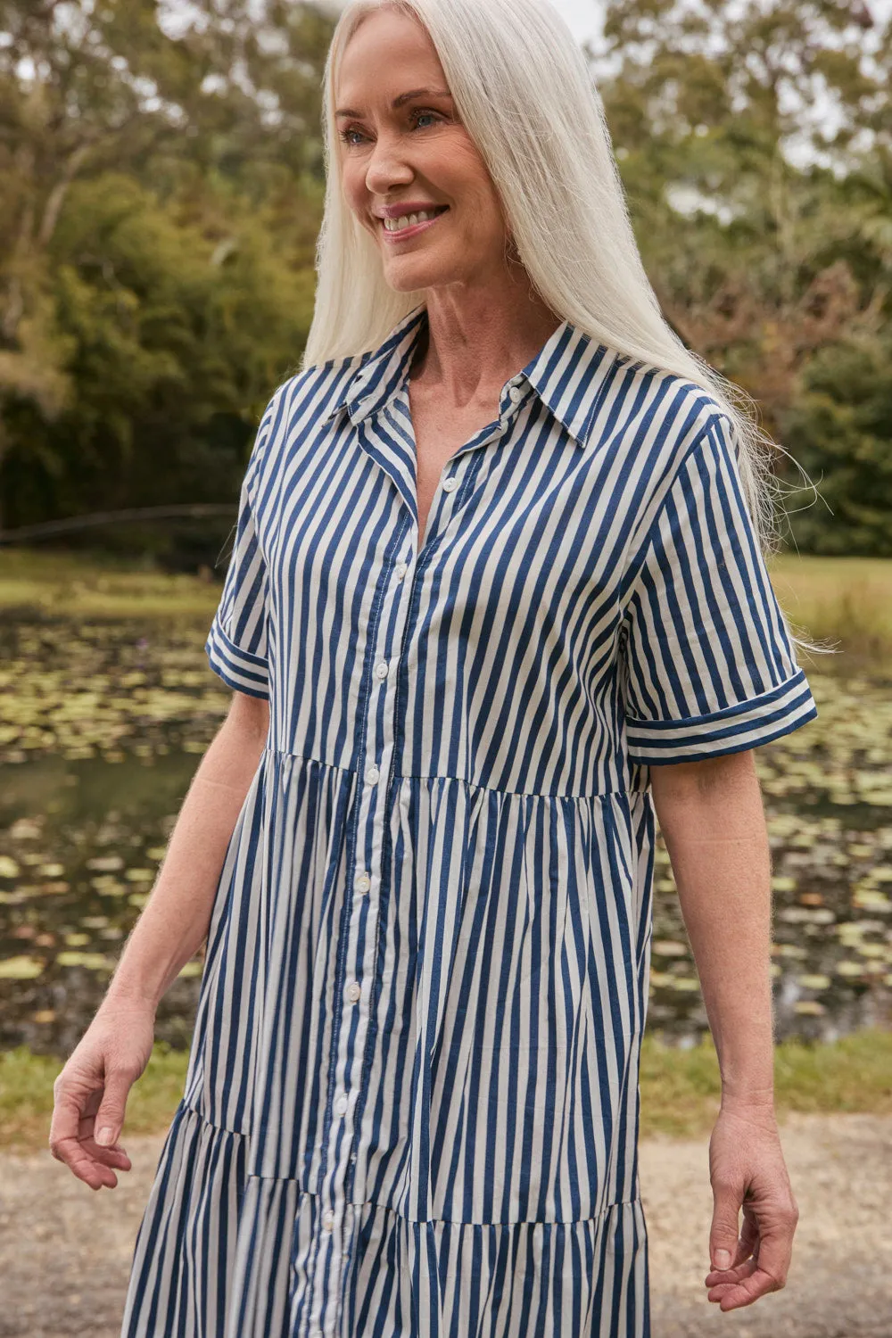 Sabre Button Through Dress in Navy Stripe Soft Composition