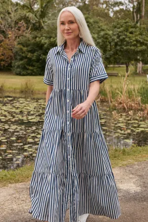 Sister Glow Sabre Button Through Dress in Navy Stripe