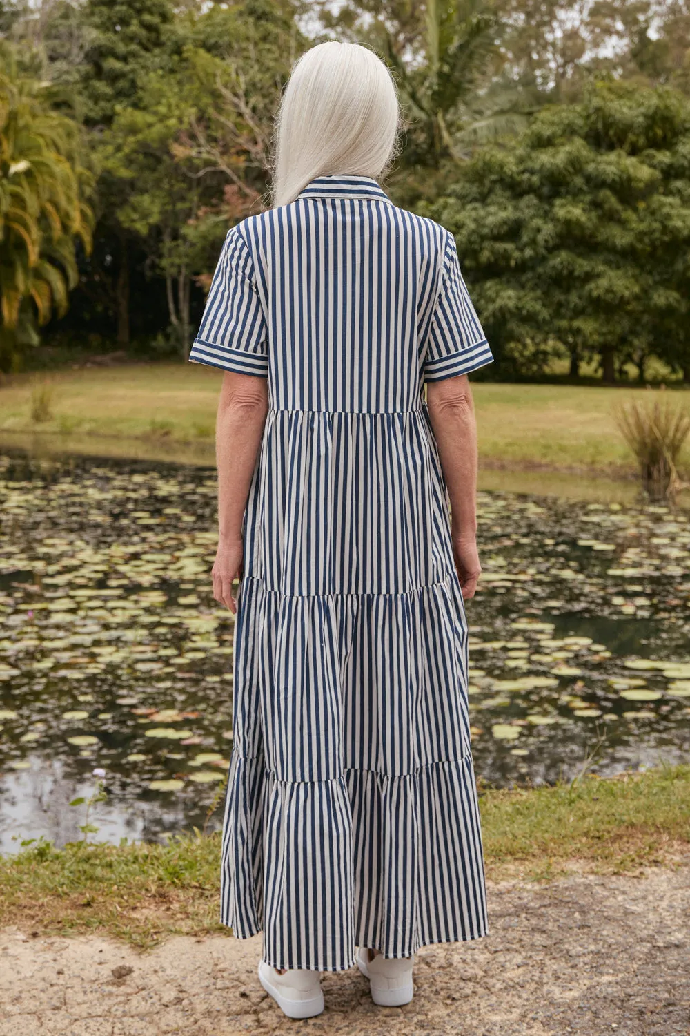 Sabre Button Through Dress in Navy Stripe City Casual Stream Cut