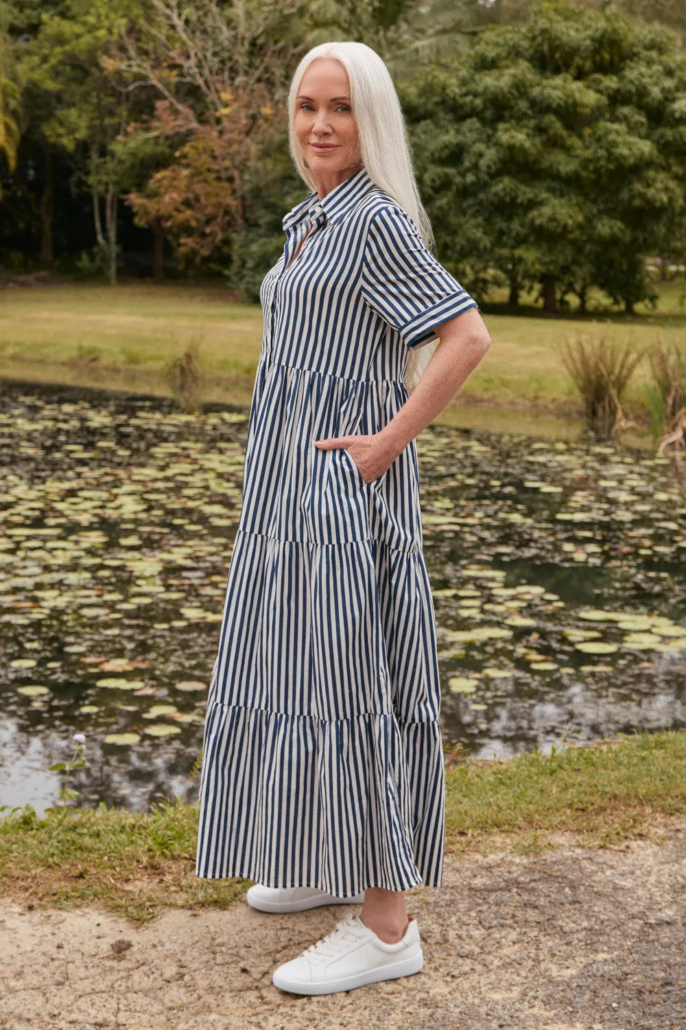 Sabre Button Through Dress in Navy Stripe Seasonal Fit Romance Glow