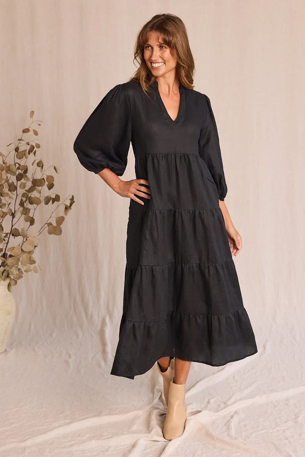 Elegant brunch outfit Work Appropriate Sabre Linen V-Neck Dress in Black
