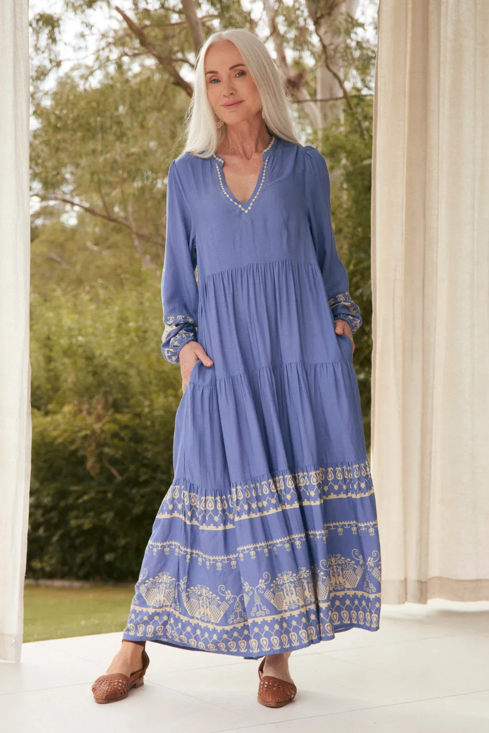 Elegant Waist Fit Warm Pink Sabre V-Neck Dress in Breeze