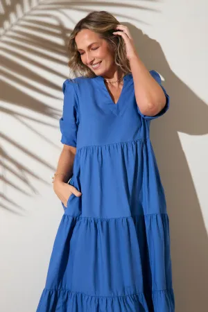 Vintage feel Stream Cut Sabre V-Neck Dress in Yale Blue