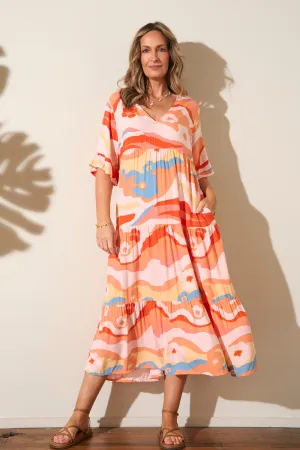 Sabrina Tiered Dress in Solene Orange Grace Walk Resort-Wear