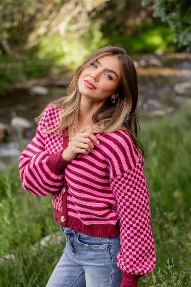 Samara Checkered and Stripes Pink and Wine Cardigan Day Glow