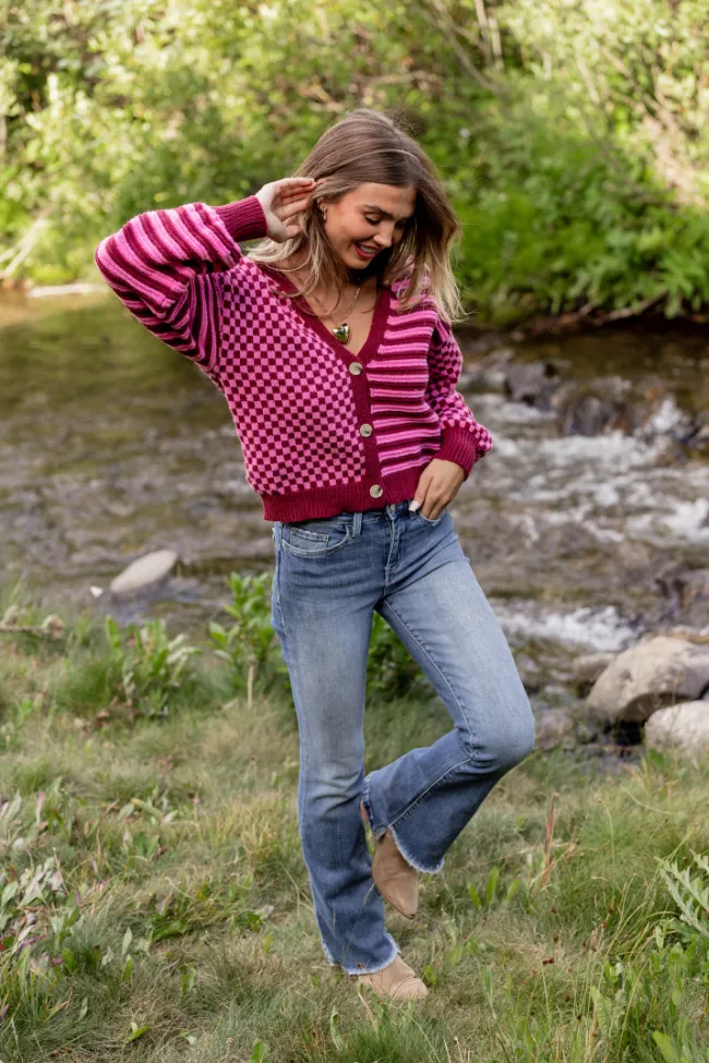 Comfortable Shorts Outdoor Shirt Samara Checkered and Stripes Pink and Wine Cardigan