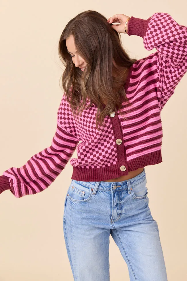 Activewear Samara Checkered and Stripes Pink and Wine Cardigan