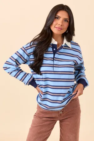 Sandra Blue Striped Collared Pullover Relaxed Cut