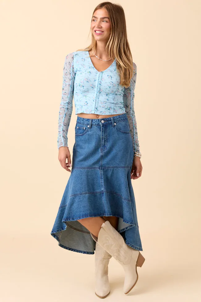 Saniya Blue Floral Mesh V-Neck Top FlexSeamTechnology EcoConscious Production