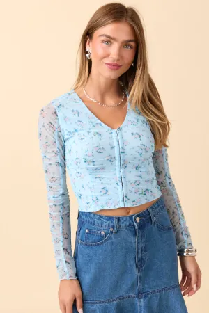 Washable fabric Street Icon Saniya Blue Floral Mesh V-Neck Top