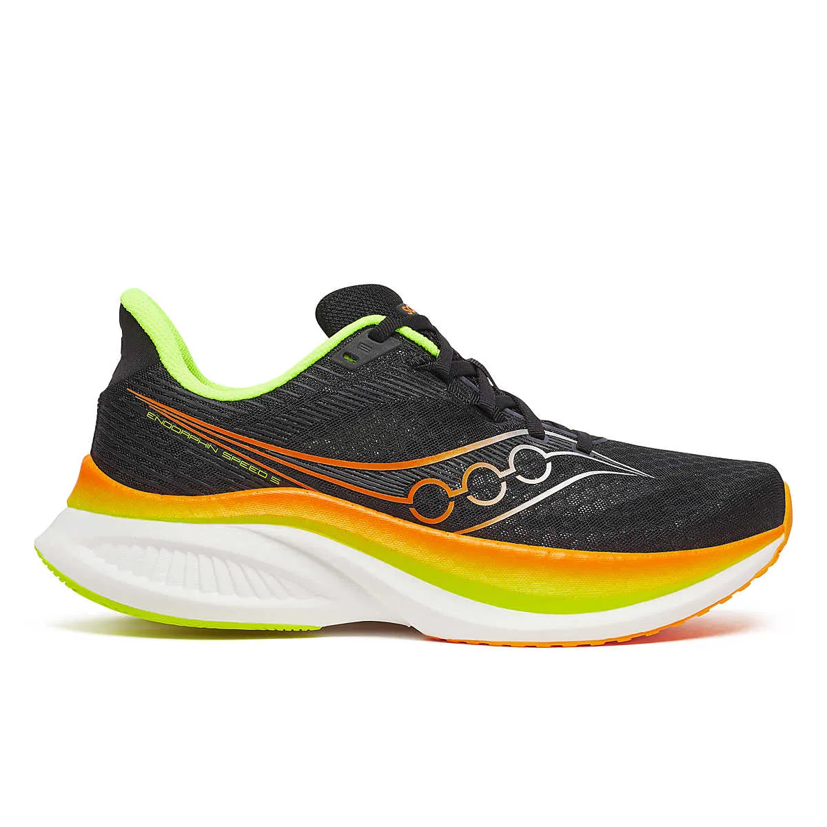 Saucony Mens Trainer Endorphin Speed 5 Black/Vo2- running in a floating bridge area shoes Rubberized Edge Protection