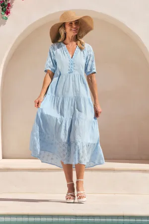 Linen Love Savannah Daisy Embroidered Dress in Pale Blue