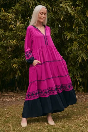 Soft Balance Chic and Elegant Savannah Embroidered Dress in Berry