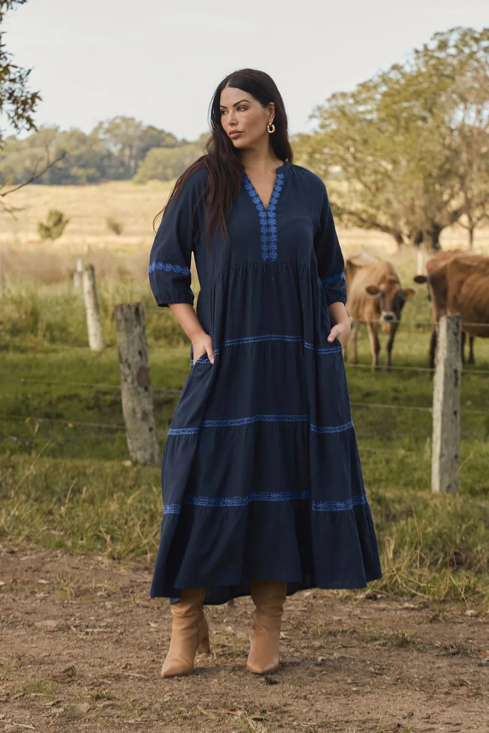 Day Ready Look Fit Clean Savannah Maxi Dress in Navy Old Lace
