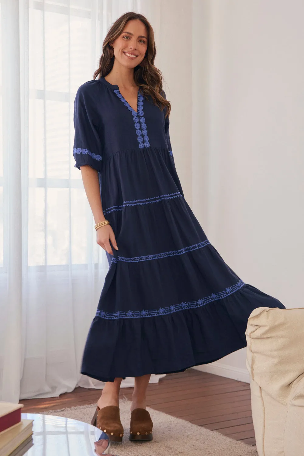 Savannah Maxi Dress in Navy Old Lace Elegant Flow