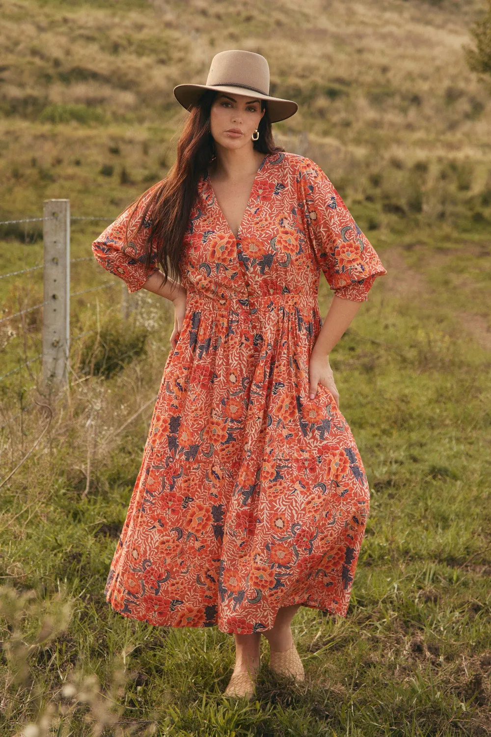 Contrasting Detail Savelle Long Sleeve Dress in Crimson Haze