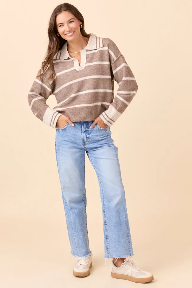 Saylor Taupe Stripe Collared V-Neck Pullover WaterRepellent Coating Comfy Style