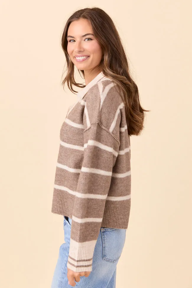 Saylor Taupe Stripe Collared V-Neck Pullover MeshVentilation