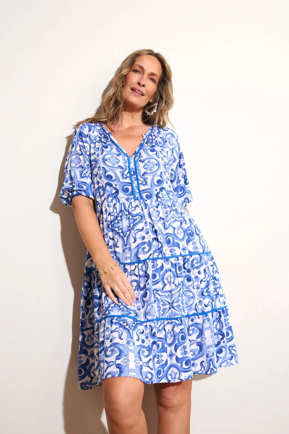 Trendy Layer Scout Billow Sleeve Dress in Blue Bijou