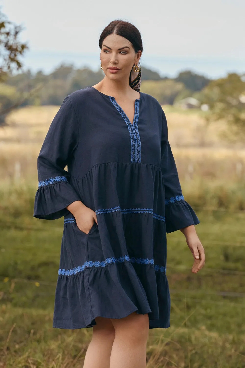 Relaxed Fit Look Scout Tiered Dress in Navy Old Lace