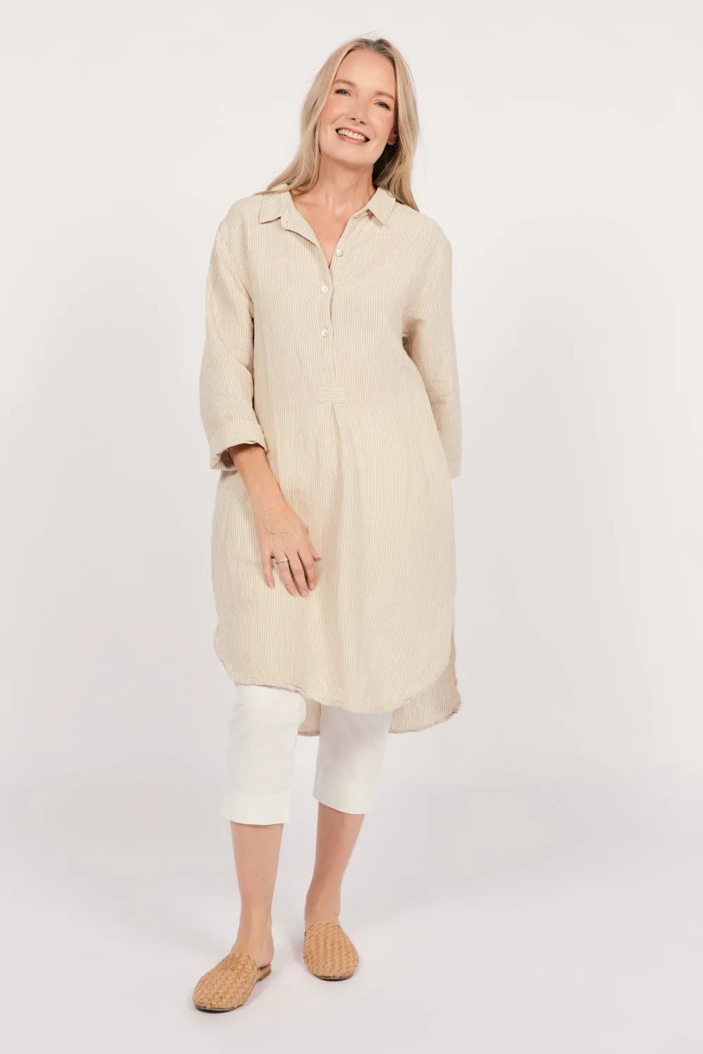 Balloon-Sleeve Tess Tunic Shirt Dress in Sable Stripe
