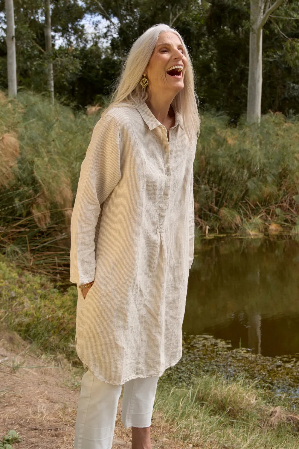 Tess Tunic Shirt Dress in Sable Stripe Waist Seam Simple Touch
