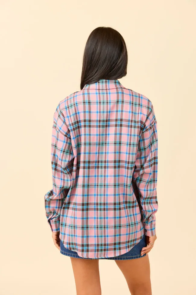 Tech Mood Bonded Seam Technology Rory Pink and Blue Plaid Flannel Button Down Top SALE