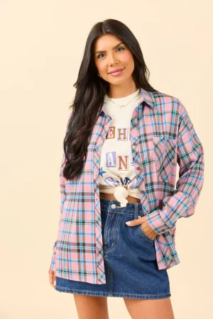FlexibleMaterial Rory Pink and Blue Plaid Flannel Button Down Top SALE