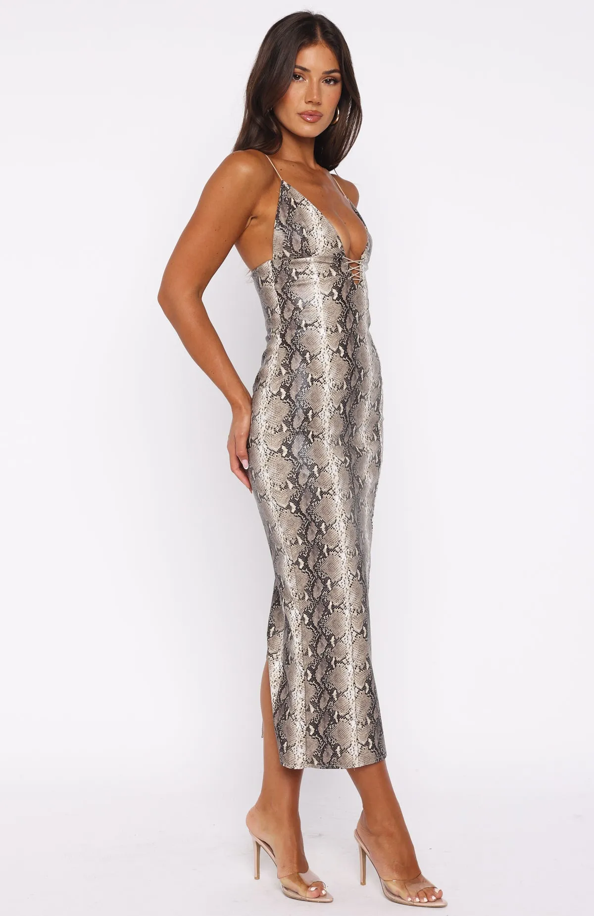 She's A Queen PU Midi Dress Tan Snake Free Shape Elastic-Cuff