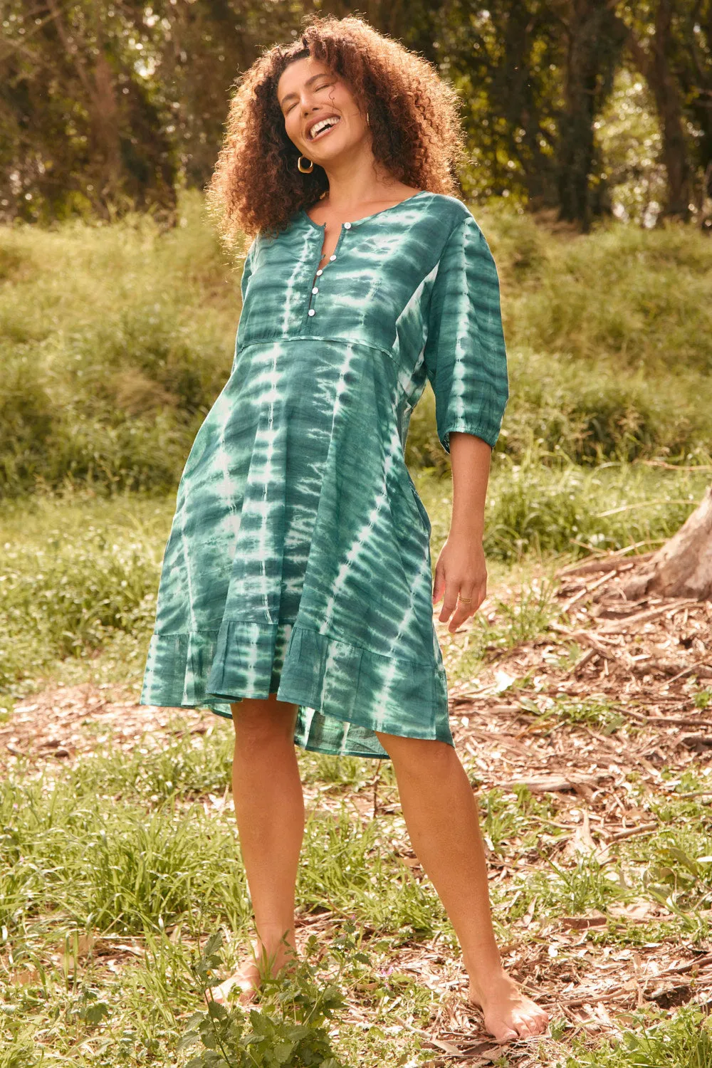 Bonnie Umbrella Short Dress in Shibori Green Sunset Hour Motion Light