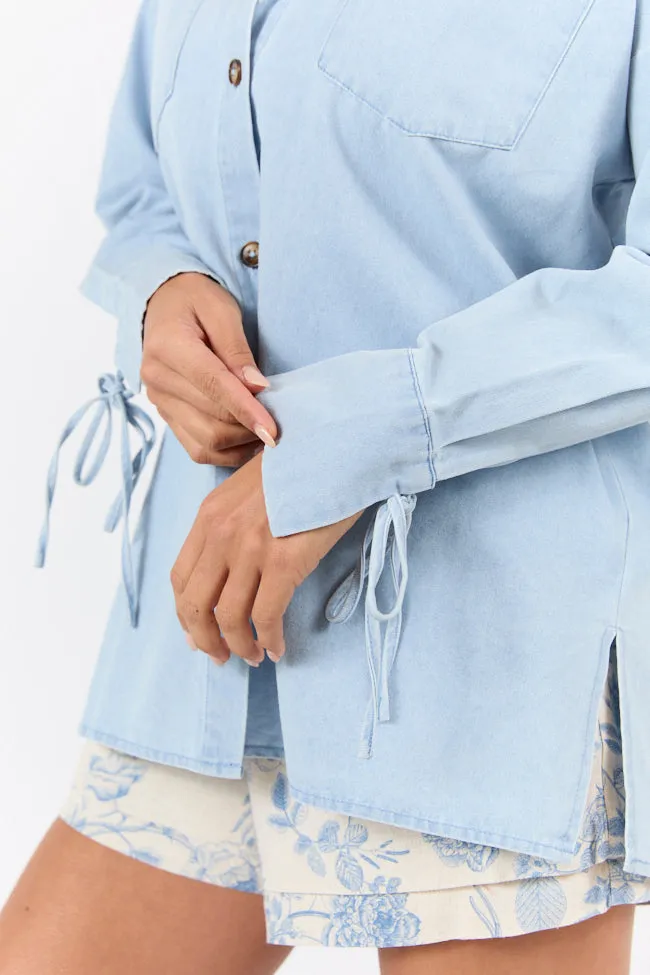 Different Plans Light Wash Chambray Button Down Blouse SALE Lift Mode Data Mode