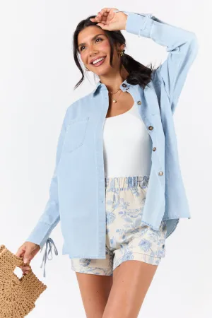 Wonder Fit Different Plans Light Wash Chambray Button Down Blouse SALE
