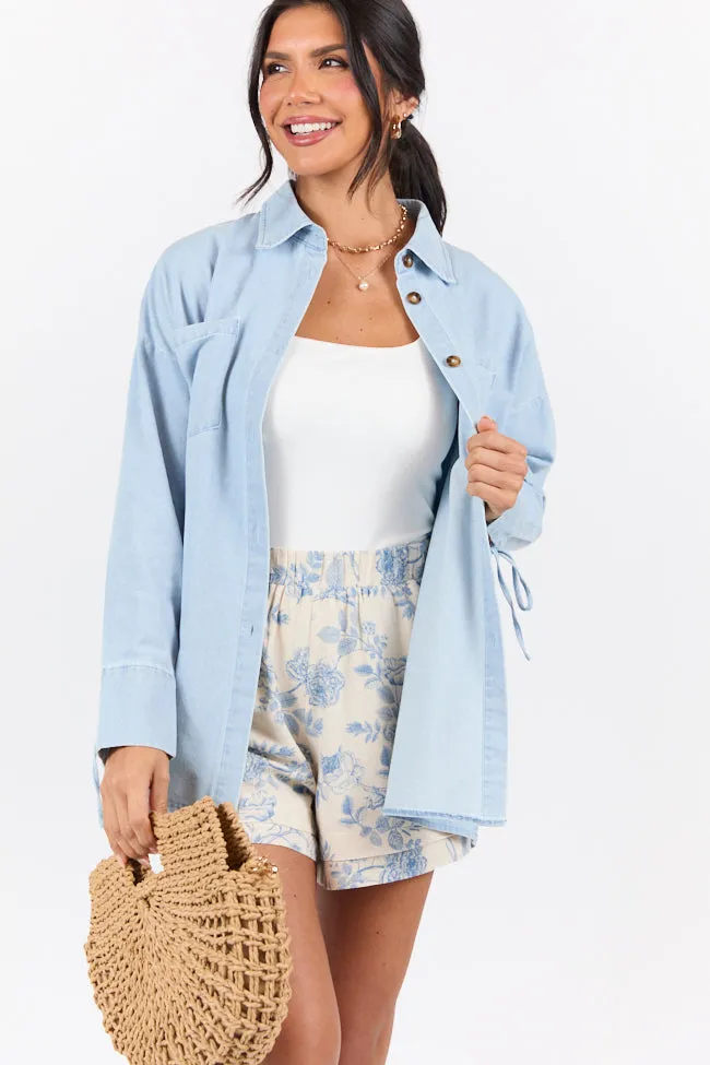 Different Plans Light Wash Chambray Button Down Blouse SALE Tight Core