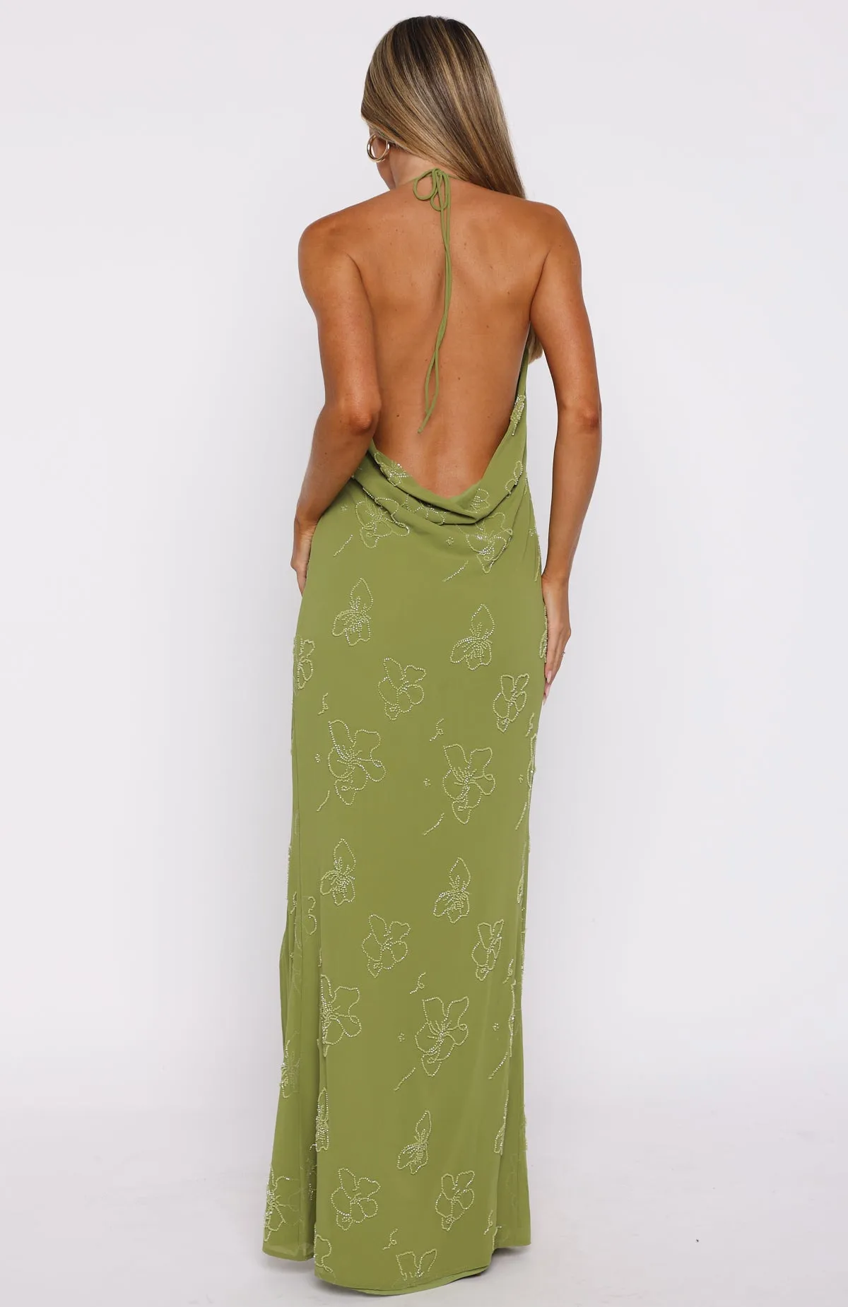 Slow Dancer Beaded Maxi Dress Green Tea Confident Mood