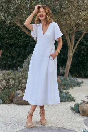 Tatum Linen Flutter Sleeve Dress in White Effortless Piece