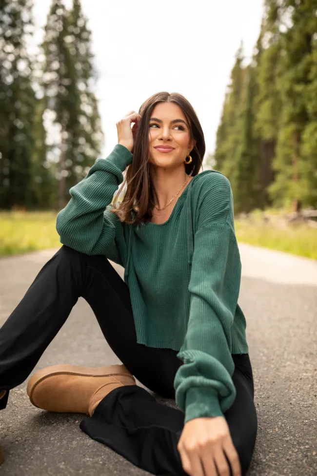 Marnie Deep Green Long Sleeve Mineral Wash Thermal Hoodie Casual Look