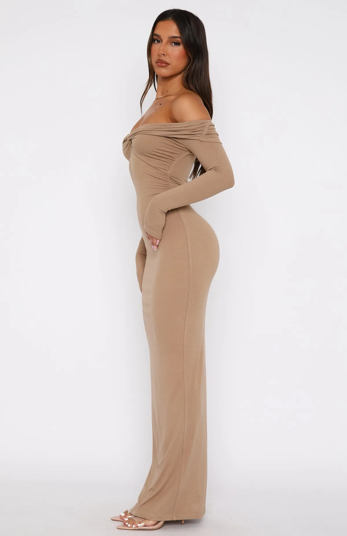 Save It Long Sleeve Maxi Dress Taupe Back Glow