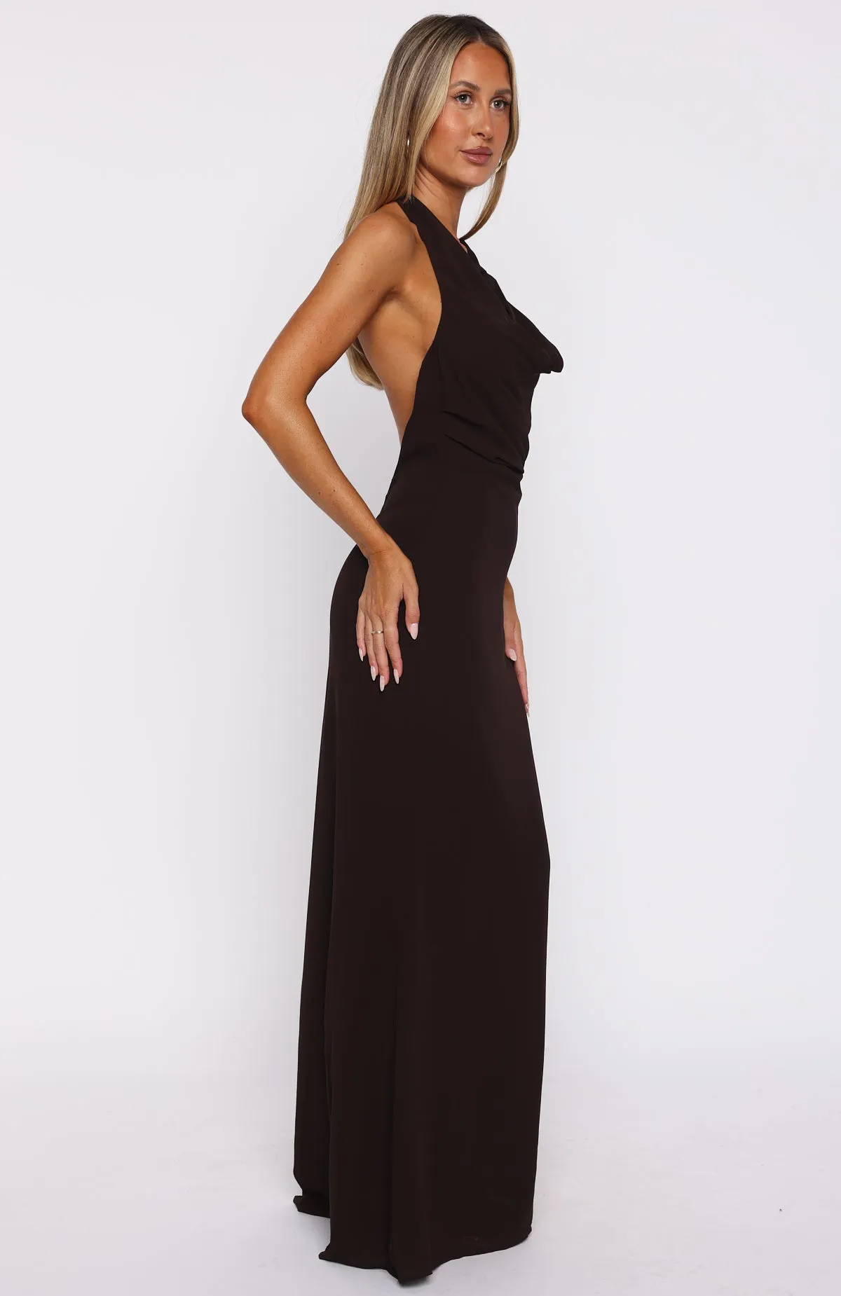 Always In Mode Halter Maxi Dress Chocolate Lightweight-Layer Crisp Detail