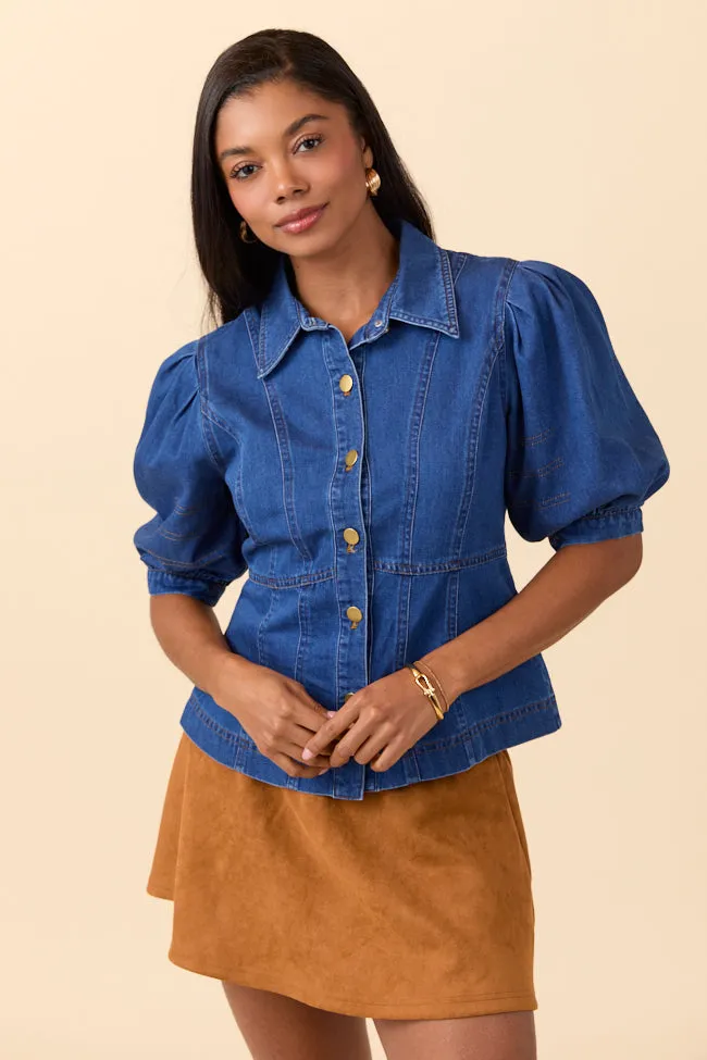 Functional Fashion Party Ready Jane Denim Collared Puff Sleeve Blouse