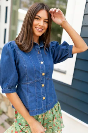 DoubleStitched Seams VentilatedMesh Jane Denim Collared Puff Sleeve Blouse