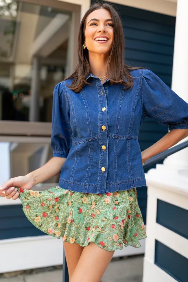 Jane Denim Collared Puff Sleeve Blouse OdorResistantClothing Glass Fit