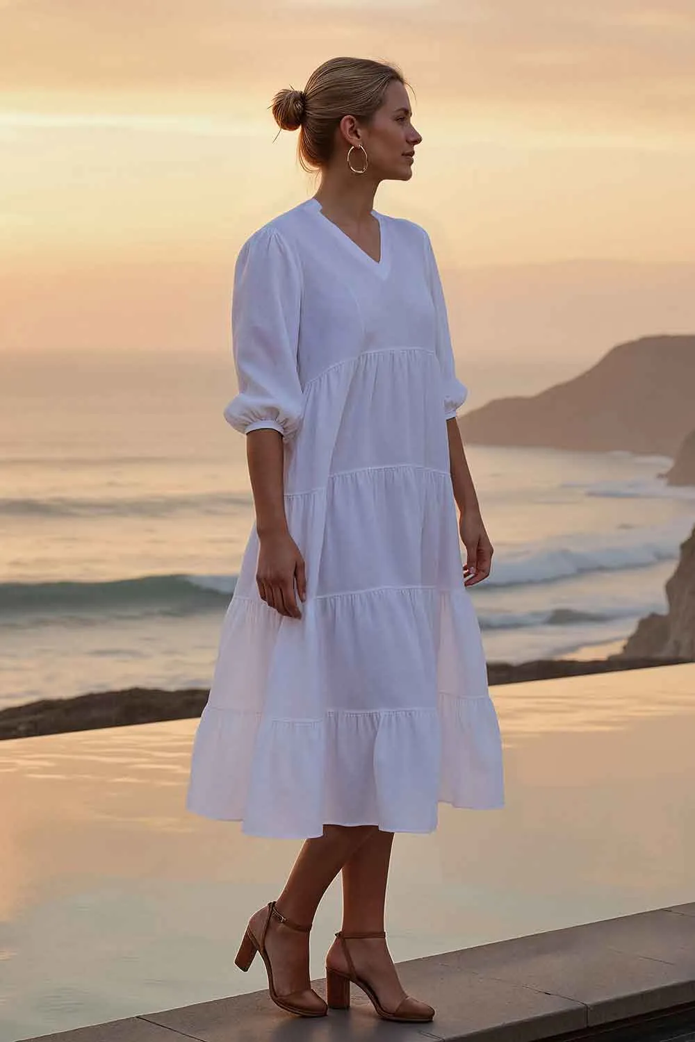 Sabre Linen V-Neck Dress in White Subtle Motion TaglessDesign