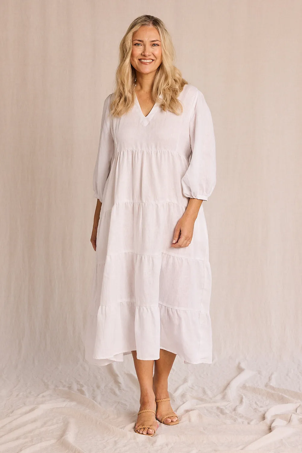 A-Line Sabre Linen V-Neck Dress in White