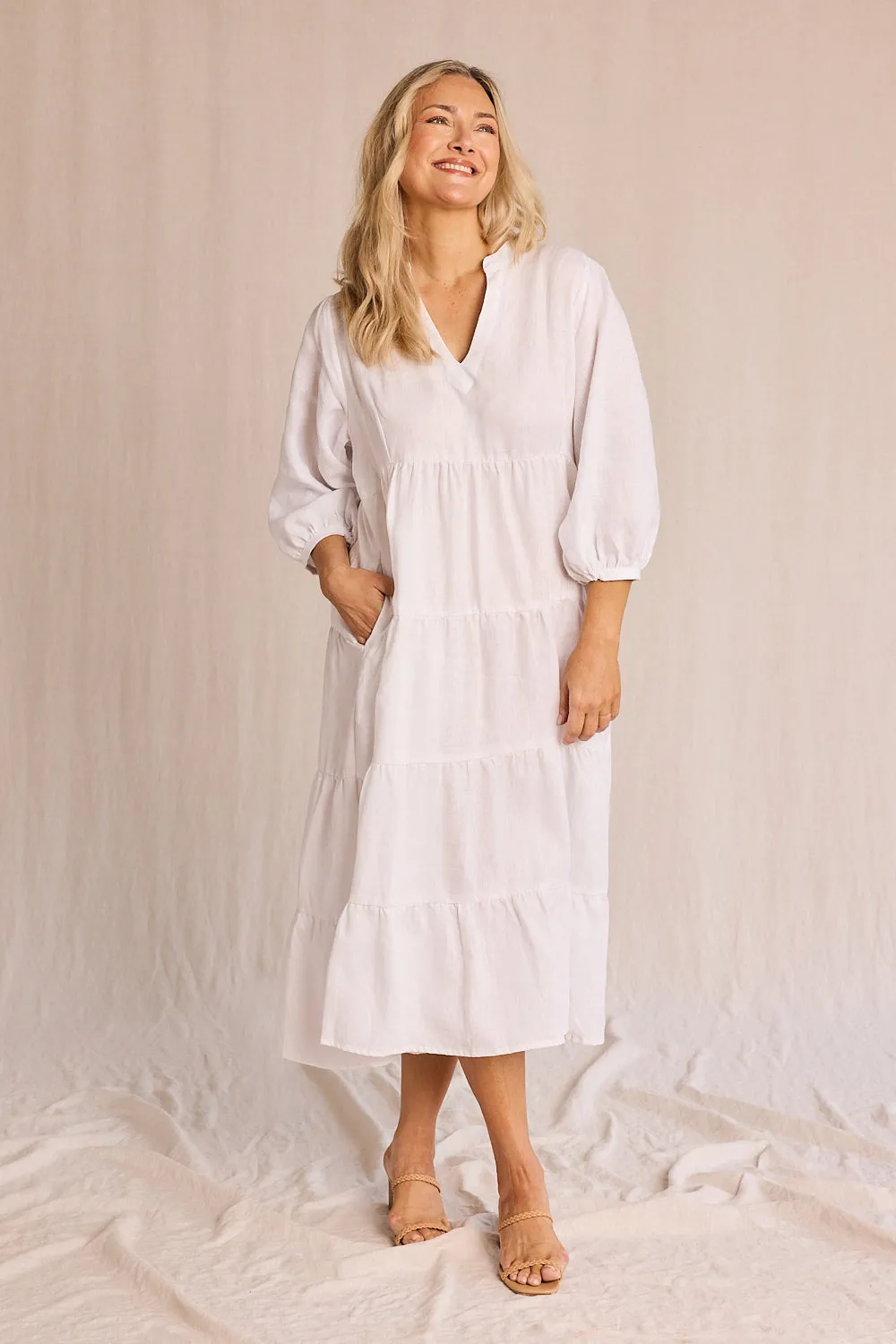 Daily Confidence Sabre Linen V-Neck Dress in White
