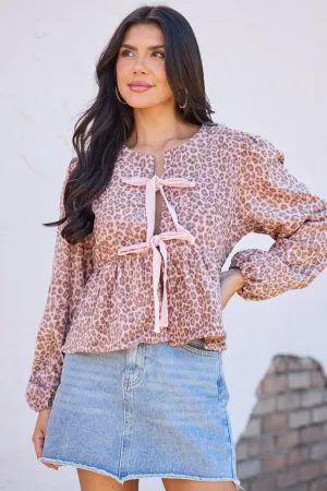 Pure Linen Blend Talyn Pink Leopard Velvet Tie Front Top