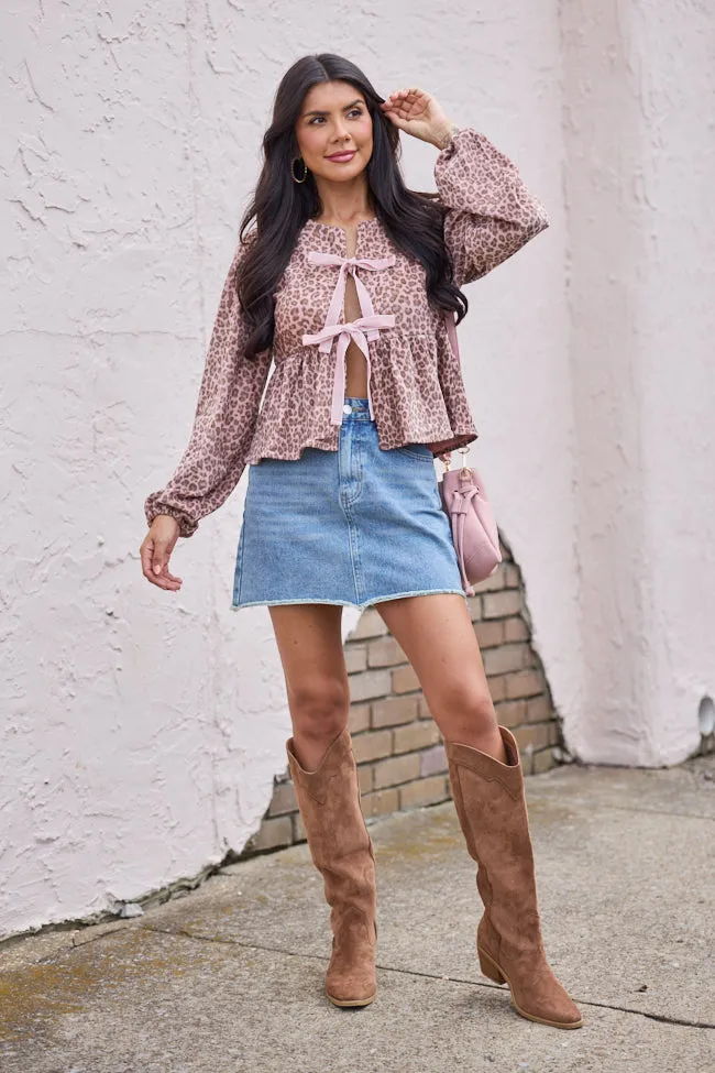 Talyn Pink Leopard Velvet Tie Front Top Raw Linen OekoTexCertified