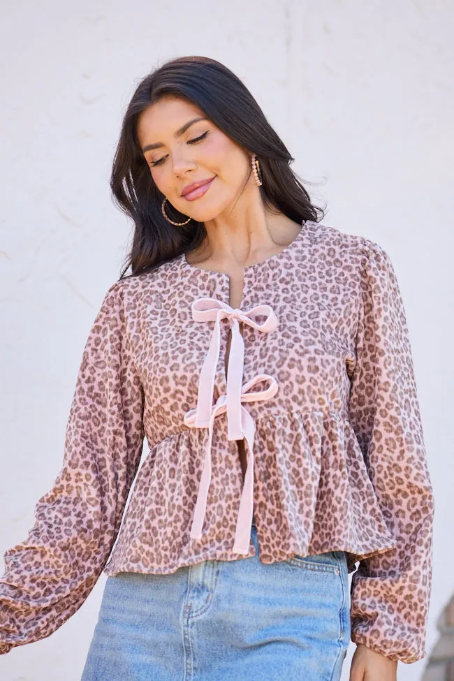 Soft Knit Frost Glow Talyn Pink Leopard Velvet Tie Front Top